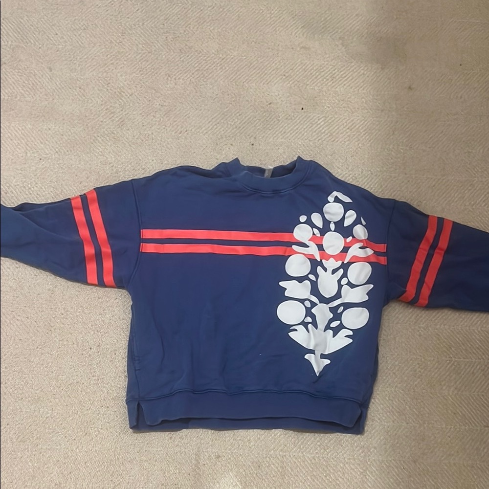 Free People Blue Crewneck Sweater with Red Stripes and Floral Design